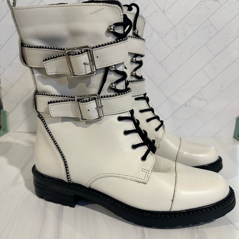 Steve Madden White Combat Boots with Buckle Straps